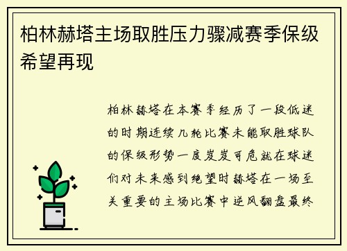 柏林赫塔主场取胜压力骤减赛季保级希望再现