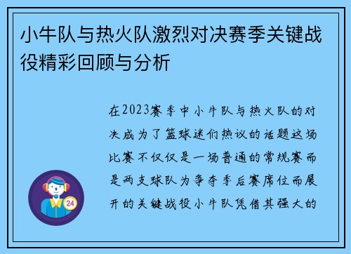 小牛队与热火队激烈对决赛季关键战役精彩回顾与分析